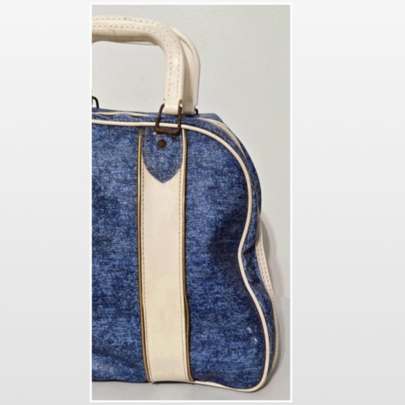 VTG Brunswick Bowling Bag Unisex Blue & White Stripe Handles Metal Rack - Picture 3 of 16